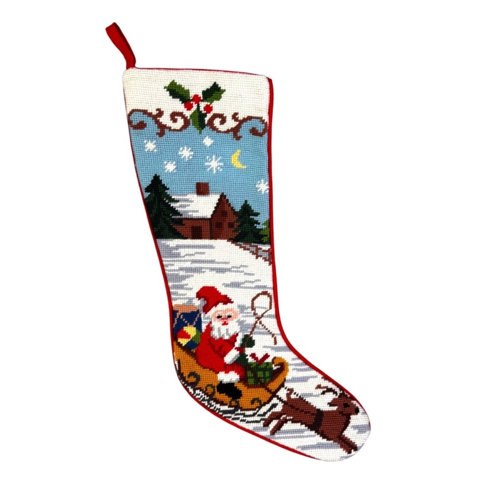 Vintage 17" Wool Santa in Sleigh Leaving House Christmas Stocking Red festival